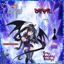 a picture of an angel and devil with the words sexy naughty bitch on it