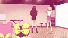 two girls are standing in a room with a teddy bear in the foreground and the words hothotmiso below them