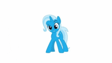 a blue pony with a white mane and tail is standing on a white surface .