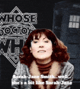 a woman with red hair is standing in front of a whose doctor wh logo