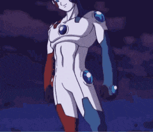 a cartoon character is standing in the dark with a purple background