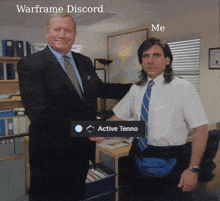two men shaking hands in an office with a sign that says active tenno