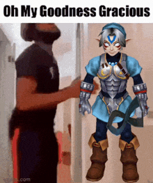 a man standing next to a video game character with the words oh my goodness gracious
