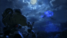 a painting of a space ship flying through a cloudy night sky