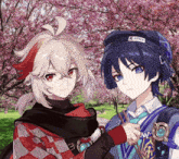 two anime characters are standing next to each other and one has a patch on his hat that says post office