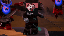 a video game character with evil tanat written on the screen