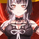 a close up of a girl 's face with red eyes and black hair