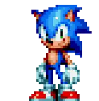 a pixel art of sonic the hedgehog waving his hand