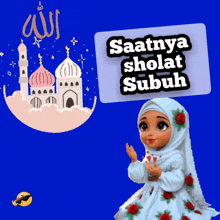 a cartoon girl holding a sign that says saatnya shalat subuh