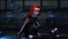 a woman with red hair and a yellow x on her chest is standing in a dark room