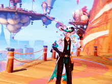 a man in a cowboy hat stands on a dock with a sword