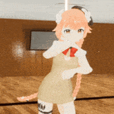 a cartoon girl with orange hair is standing on a wood floor