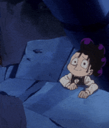 a cartoon character with purple hair is laying on a blue blanket