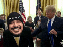 a man wearing a hat that says multivers is smiling next to a man in a suit