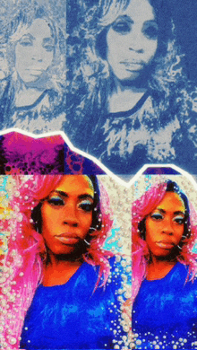 a woman with pink hair and a blue shirt is shown