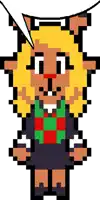 a pixel art drawing of a cat wearing a scarf and a black dress .