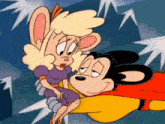 a cartoon of a mouse and a woman with their eyes closed
