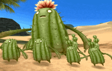 a group of cartoon cactus with faces are walking in the desert