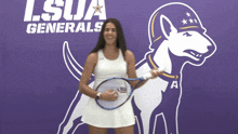 a woman holding a tennis racquet in front of a lsua generals sign