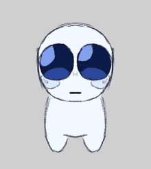 a drawing of a person with blue eyes and a sad look on their face