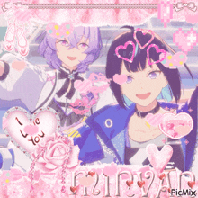 a picture of two anime girls with a pink heart that says i love you on it