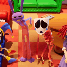 a group of cartoon characters are standing in a living room with a green couch in the background