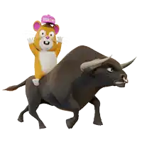 a cartoon mouse is riding on the back of a bull wearing a purple hat that says $ grind