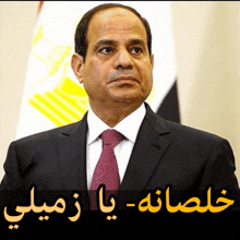 a man in a suit and tie is standing in front of an egyptian flag