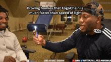 a man is holding a lighter and says proving homies that pogochain is much faster than speed of light