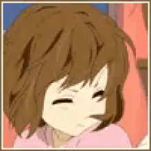 a close up of a cartoon girl with brown hair making a face .