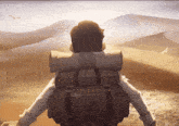 a man with a backpack stands in the desert