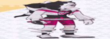 a cartoon character is standing in front of a geometric background .
