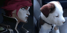 a woman with red hair and a puppy with brown and white fur sitting next to each other in a car .
