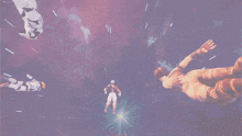 a group of people flying through the air with green lightning behind them