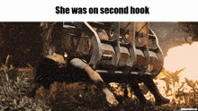 a picture of a woman in a hook with the caption she was on second hook