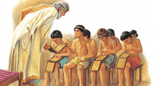 a painting of a man standing next to a group of children sitting on chairs .
