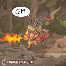 a cartoon of a knight holding a fire dragon with a gm speech bubble