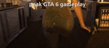 a woman in a gold dress is standing in a room with the words peak gta 6 gameplay above her