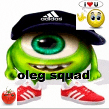 a green monster wearing an adidas hat and red adidas shoes