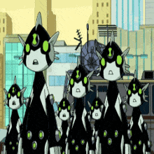 a group of cartoon characters are standing in front of a city