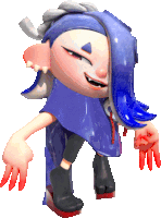 a cartoon character with blue hair is wearing a purple cape and black boots