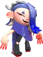 a cartoon character with blue hair is wearing a purple cape and black boots