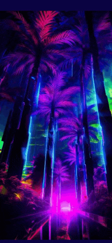 a painting of palm trees with neon lights coming out of them