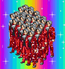 a rainbow background with a bunch of people in red suits and hats