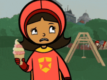 a girl in a red superhero costume is holding a ice cream cone