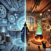 a witch sits in front of a cauldron in a room with pixiz written on the bottom right