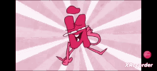 a pink cartoon character with a hat and glasses is running in front of a pink background .
