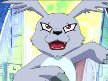 a cartoon rabbit with red eyes and sharp teeth is standing in front of a building