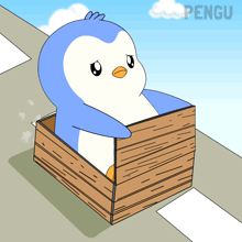a cartoon of a penguin sitting in a wooden box with pengu written on the bottom