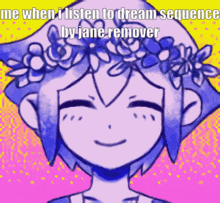 a cartoon girl with a flower crown on her head is smiling .